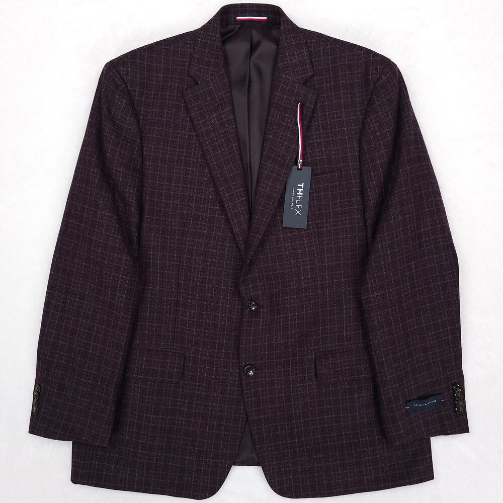 Tommy Hilfiger Mens Modern Fit Sport Coat 44R Maroon Blue Plaid Stretch Wool NWT